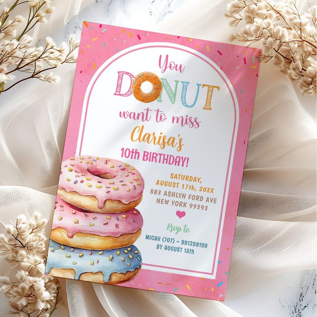 Convite Donuts Coloridos Rosa Pastel Polvilhados Aniversár (Criador carregado)