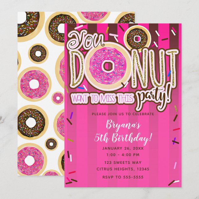 Convite Donuts com Glacê Rosa e Marrom e Confeitos Moderno (Frente/Verso)
