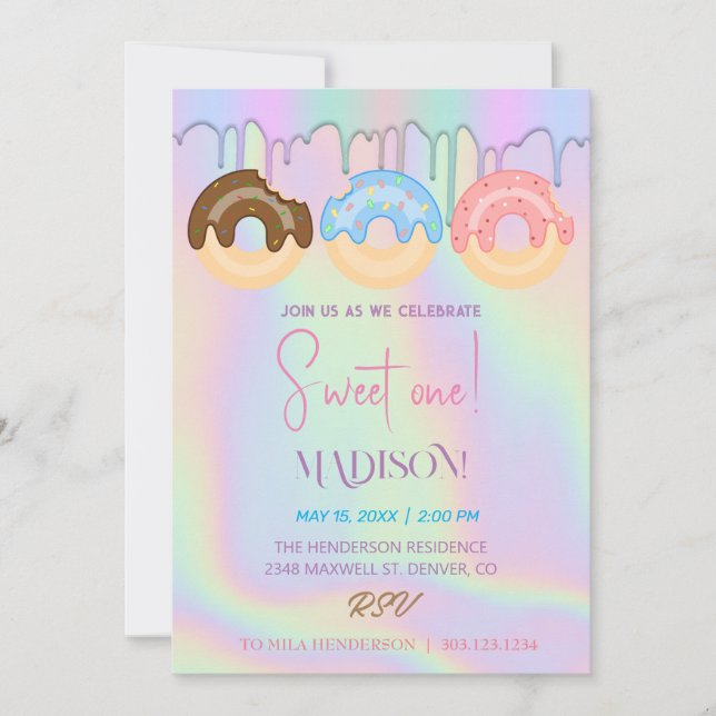 Convite Donuts doces, cores de arco-íris, primeiro anivers (Frente)