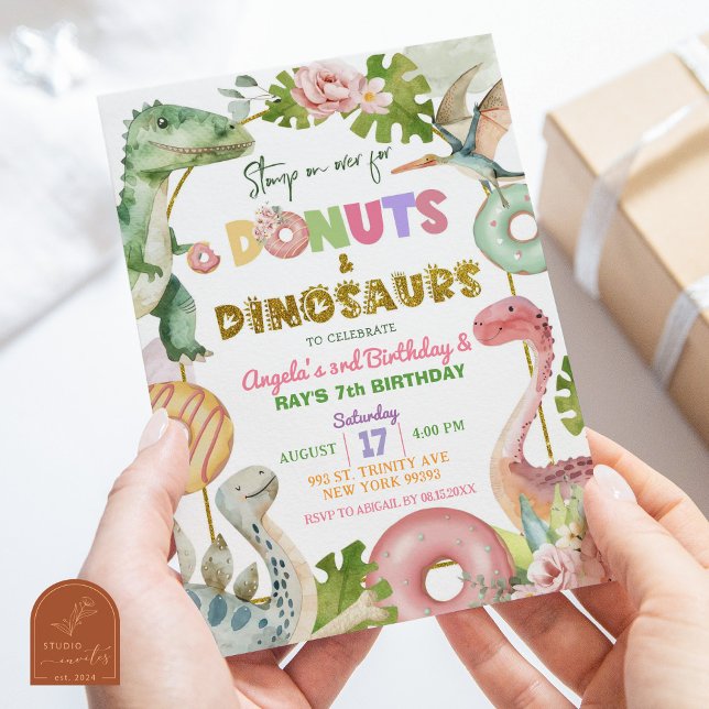 Convite Donuts e Dinossauros Aniversário Conjunto de Irmão (Criador carregado)