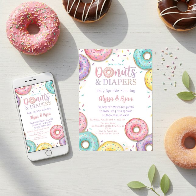 Convite Donuts e Fraldas Chá de Bebê Sprinkle Pastel (Criador carregado)