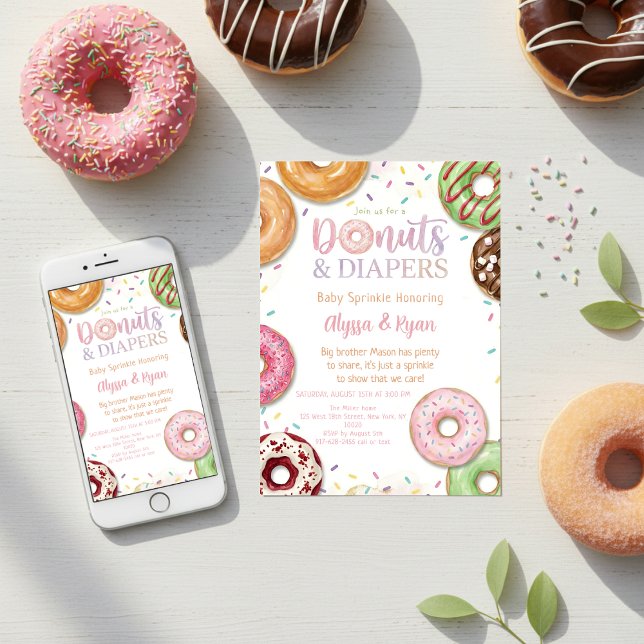 Convite Donuts e Fraldas Chá de Bebê Sprinkle Pastel (Criador carregado)