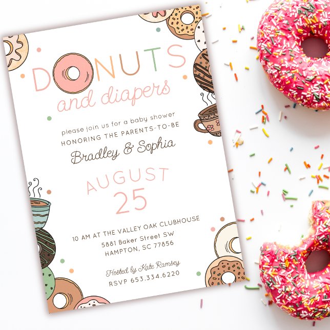 Convite Donuts e Fraldas Chuveiro de Bebê Menina Casais (Criador carregado)