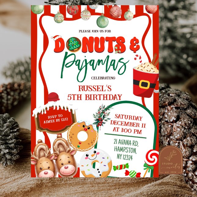 Convite Donuts e Pijamas Verdes e Vermelhos de Aniversário (Criador carregado)