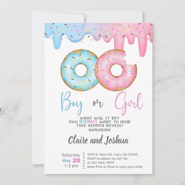Convite Donuts Gender Reveal invitation, he or she. (Frente)