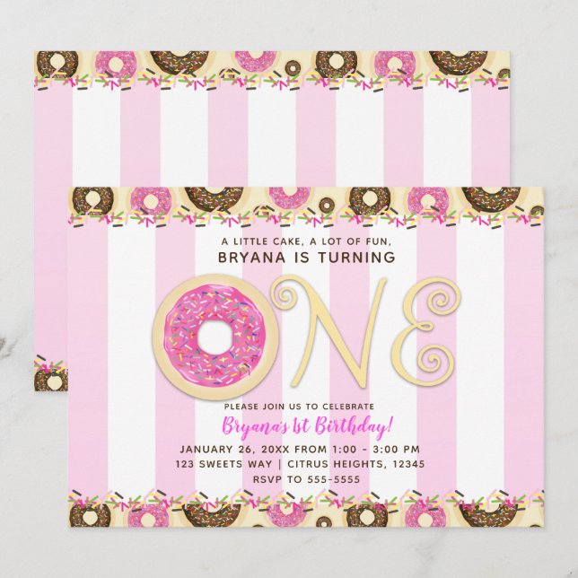 Convite Donuts Rosa Marrom com Confeitos Festa de Aniversá (Frente/Verso)