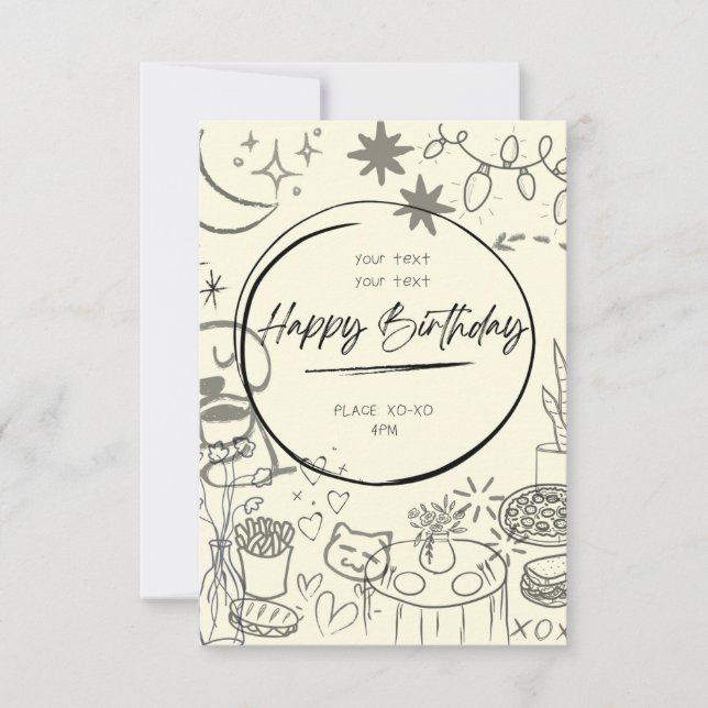 Convite Doodle Birthday Invitation - Cute & Cozy (Frente)