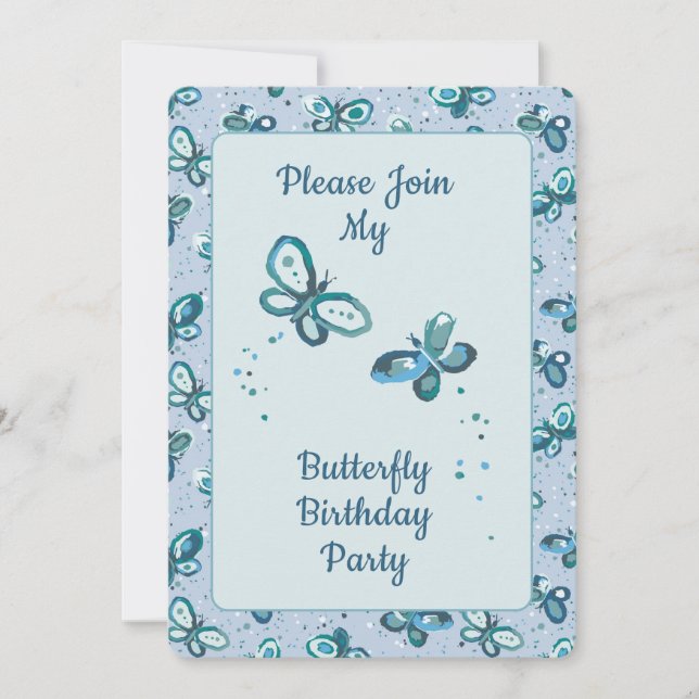 Convite Doodle Bugs Butterflies - blue - kids birthday. (Frente)