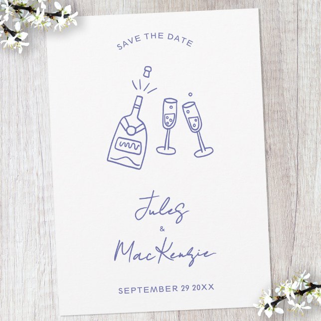 Convite Doodle de Celebração Moderna de Casamento Save the (Fun doodle line art champagne bottle and glasses wedding save the date invitation)