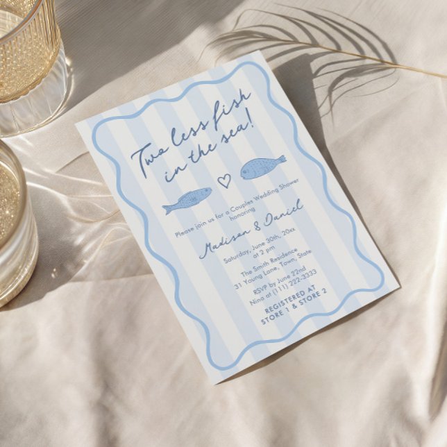 Convite Doodle Dois Menos Peixes No Mar Chuveiro de Casame (Modern hand-drawn Two Less Fish In The Sea co-ed bridal shower invitation with handwritten font)