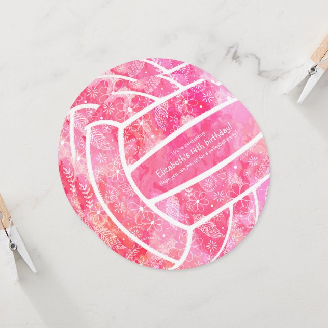 Convite Doodle Flagrada caslies rosa partido de vôlei (Frente/Verso In Situ)