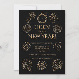 Convite Doodle Gold Black Cheers to New Year Party