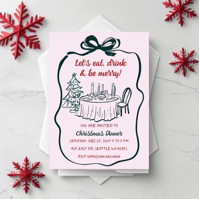 Convite Doodle Hand desenhada Festa de Natal Vermelho Rosa (Doodle Hand drawn Pink Red Christmas Party Invitation)
