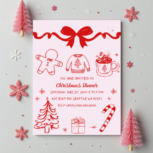 Convite Doodle Hand desenhada Festa de Natal Vermelho Rosa