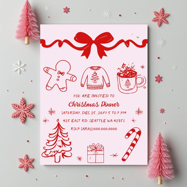 Convite Doodle Hand desenhada Festa de Natal Vermelho Rosa (Doodle Hand drawn Pink Red Christmas Party Invitation)