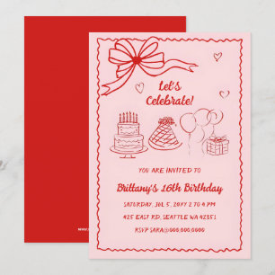 Convite Doodle Hand desenhou Arco de coquete vermelho rosa