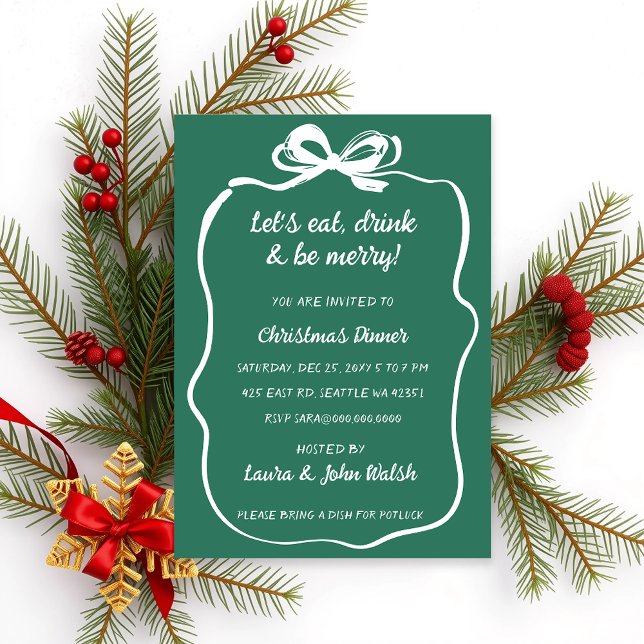 Convite Doodle Hand desenhou Festa de Natal de Arco Branco (Doodle Hand drawn Green White Bow Christmas Party Invitation)