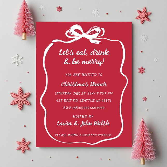 Convite Doodle Hand desenhou Festa de Natal do Arco Branco (Doodle Hand drawn Red White Bow Christmas Party Invitation)