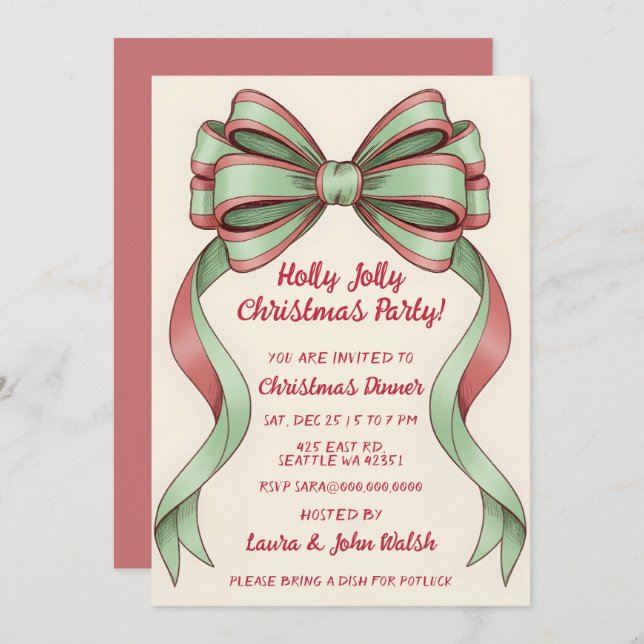 Convite Doodle Hand drawn Green Red Bow Christmas Party (Frente/Verso)