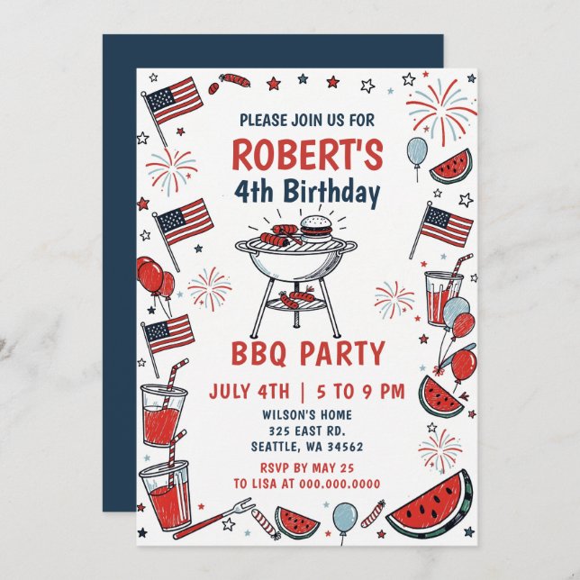 Convite Doodle Hand Drawn July 4th BBQ Birthday Party  (Frente/Verso)