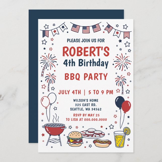 Convite Doodle Hand Drawn July 4th BBQ Birthday Party  (Frente/Verso)