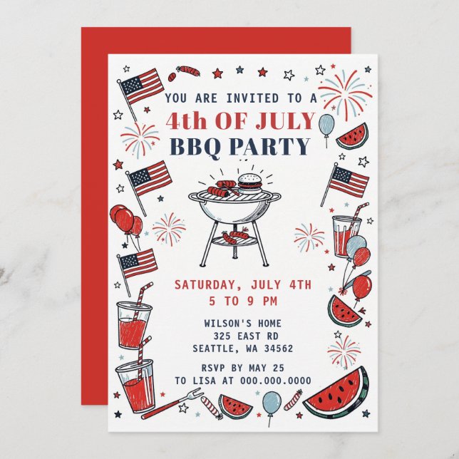 Convite Doodle Hand Drawn July 4th BBQ Holiday Party  (Frente/Verso)