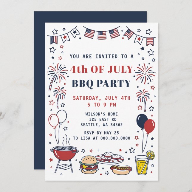 Convite Doodle Hand Drawn July 4th BBQ Holiday Party  (Frente/Verso)