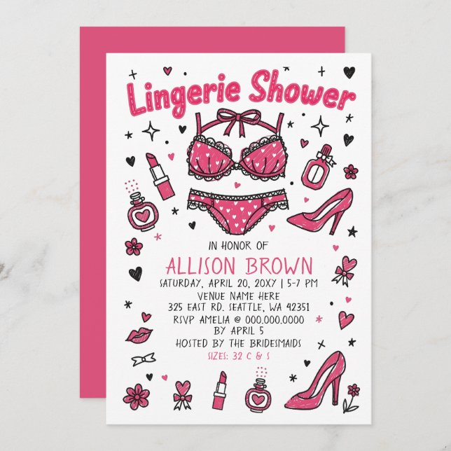 Convite Doodle Hand Drawn Lingerie Shower Bachelorette  (Frente/Verso)