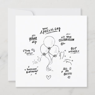 Convite Doodle Modern Balloon Happy Birthday Card