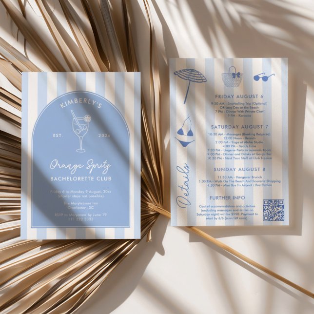 Convite Doodle Orange Spritz Social Club Bach Weekend (Orange spritz social club bachelorette weekend invitation with itinerary and QR code)