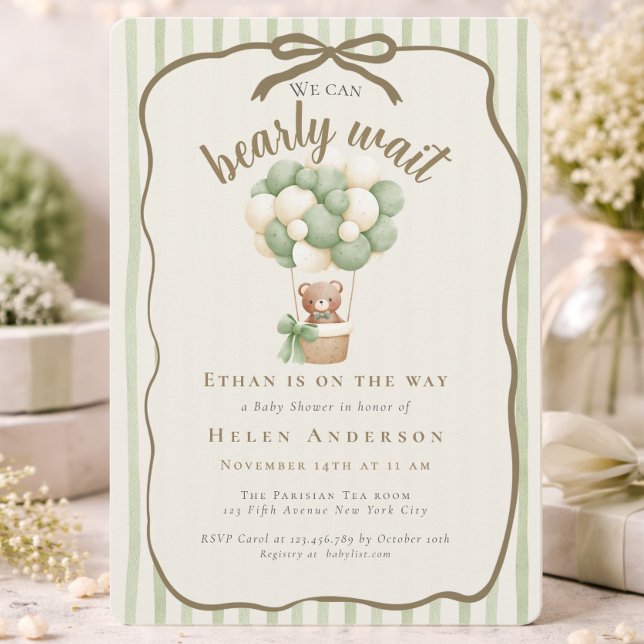 Convite Doodle Podemos Mal Esperar Teddy Verde Sage Bebê (Doodle We can Bearly Wait Teddy Sage green Baby Invitation)
