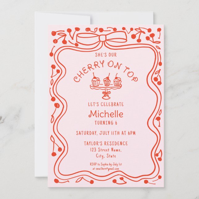 Convite Doodle Red Pink Arco Cherry no Top Girl Aniversári (Frente)