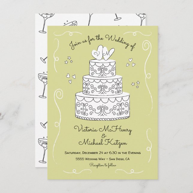 Convite Doodle Sketch Funky Wedding Cake (Frente/Verso)