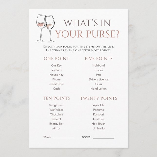 Convite Doodle Wine Whats in Purse Bridal Shower Game (Frente)