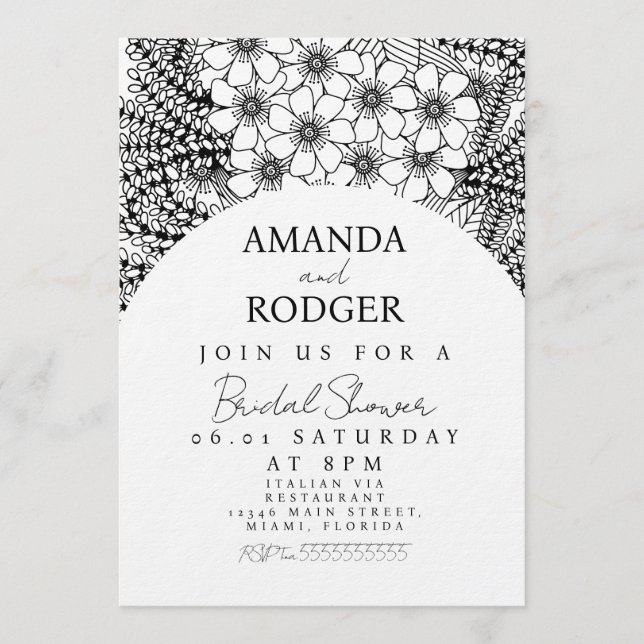 Convite Doodles Florals Black White Bridal Shower (Frente)