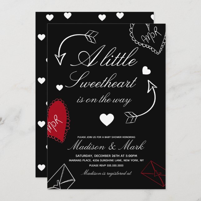 Convite Doodles Sweetheart On the way  Baby Shower  (Frente/Verso)