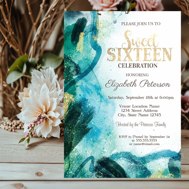Convite Dor de Cabeça Abstrata Splash Gold  Sweet 16  (Criador carregado)