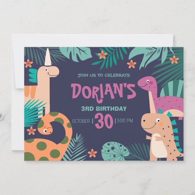 Convite Dorian's aniversário de 3 anos Dino Bash (Frente)