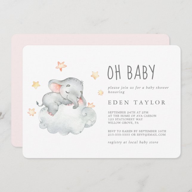 Convite Dormindo Pequena Elefante Chá de fraldas (Frente/Verso)