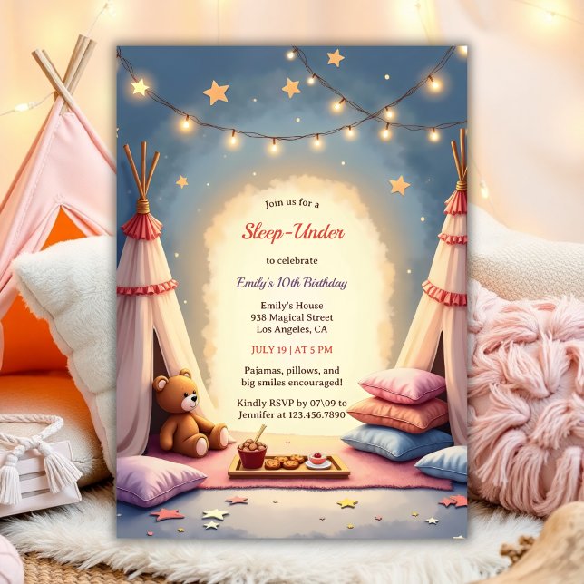 Convite Dormir Em Festa De Cama Interior Cute (Sleep Under Cute Birthday For Girls Cozy Indoor Party Watercolor Birthday Invitation)