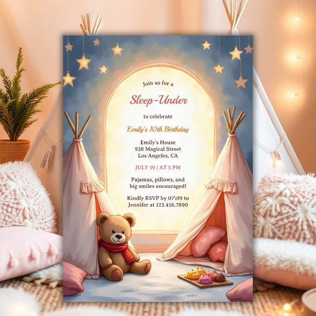 Convite Dormir Sob A Festa Cozy Pajama Para Meninas Aniver (Sleep-Under Birthday Invitation – Cozy Pajama Party Invite for Girls Watercolor Birthday Invite)