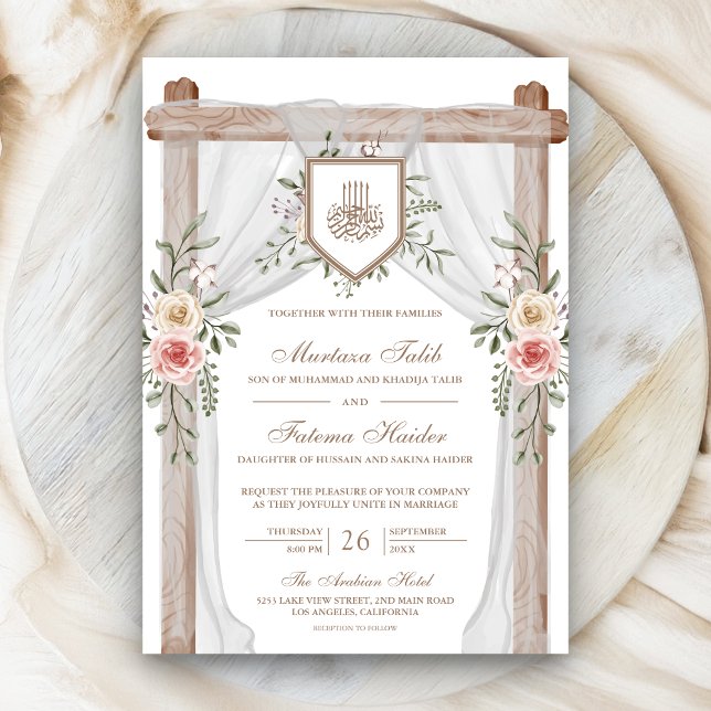 Convite Dossel Floral de Madeira Rústica Casamento Islâmic (Criador carregado)