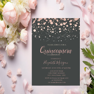 Convite Dotos Dourados Rosa modernos, Quinceanera Cinza