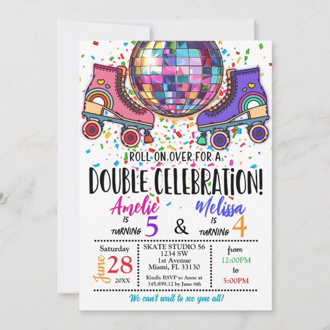 Convite Double Celebration Roller Skating Disco Invitation (Frente)