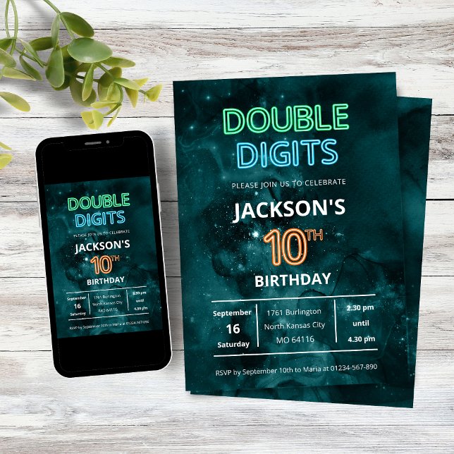 Convite Double Digits Boys Neon Space 10th Birthday (Double Digits Neon Space Galaxy Boys 10th Birthday Party Invitation)