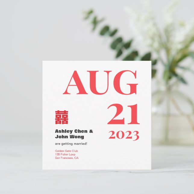 Convite Double happiness Chinese American save the date (Em pé/Frente)