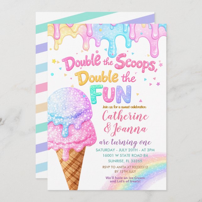 Convite Double the Scoops Birthday ice Cream Glitter (Frente/Verso)