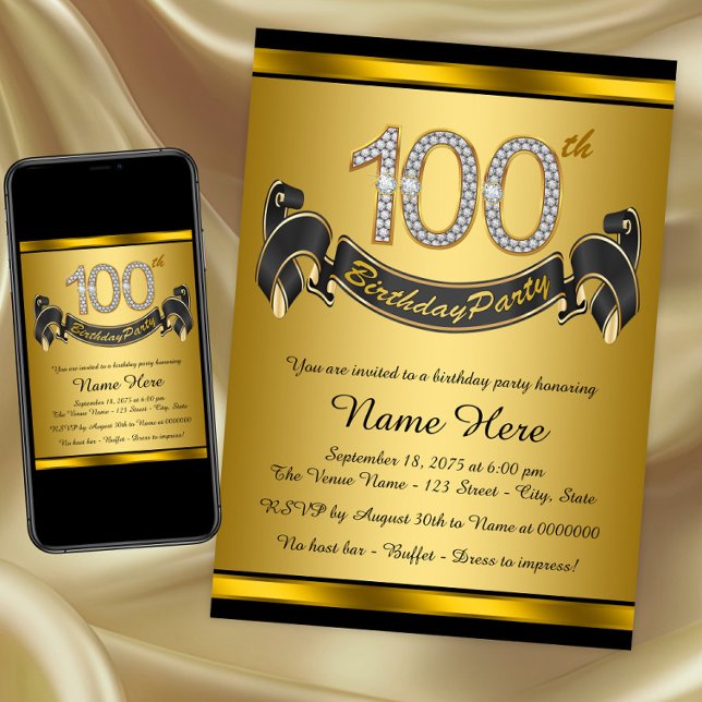 Convite Dourada 100ª Festa de aniversário (100th birthday party invitation. Instant download and printed invitations available.)