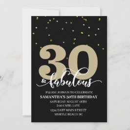 Convite Dourada 30 preta e Festa de aniversário fabulosa