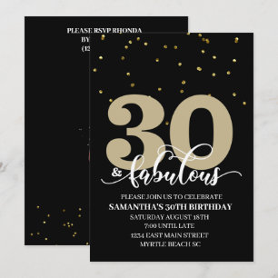 Convite Dourada 30 preta e Festa de aniversário fabulosa
